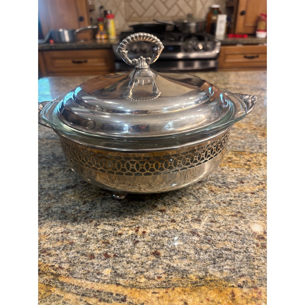 Sheffield‎ Silver Co Silver Plated Casserole Dish Holder Lid & Pyrex 024 Insert